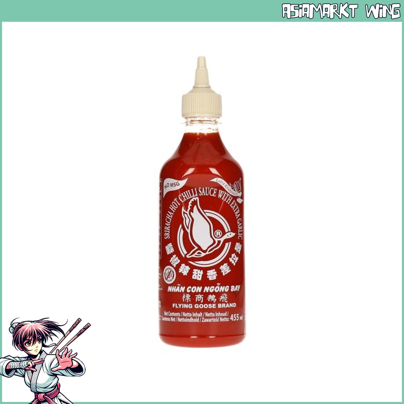 Flying Goose - Sriracha Chilisauce mit Knoblauch - ohne Glutamat - sandweißer Deckel - 455 ml